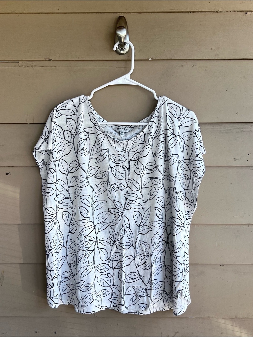 Orvis Leaf Print Linen Blend Short Sleeve Top Size XL Summer Beach Casual